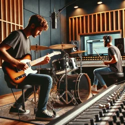 Gitarrist und Drummer bei der Aufnahme im Tonstudio