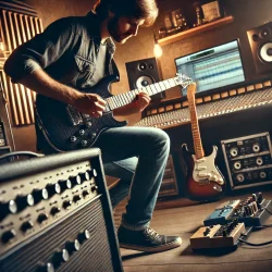 Profi_Musiker_mit_Gitarre_und_Effektpedal_am_Mischpult