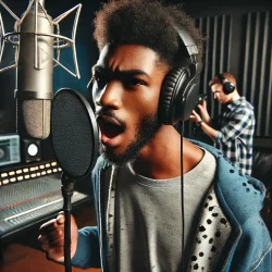 Rapper und Prdoducer im Tonstudio bei der Aufnahme