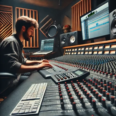 Musiker arbeitet im Tonstudio am Mischpult